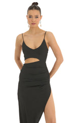 Glitter Cutout High Slit Maxi Dress in Black