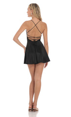 Two Toned Satin Fit and Flare Dress in Black